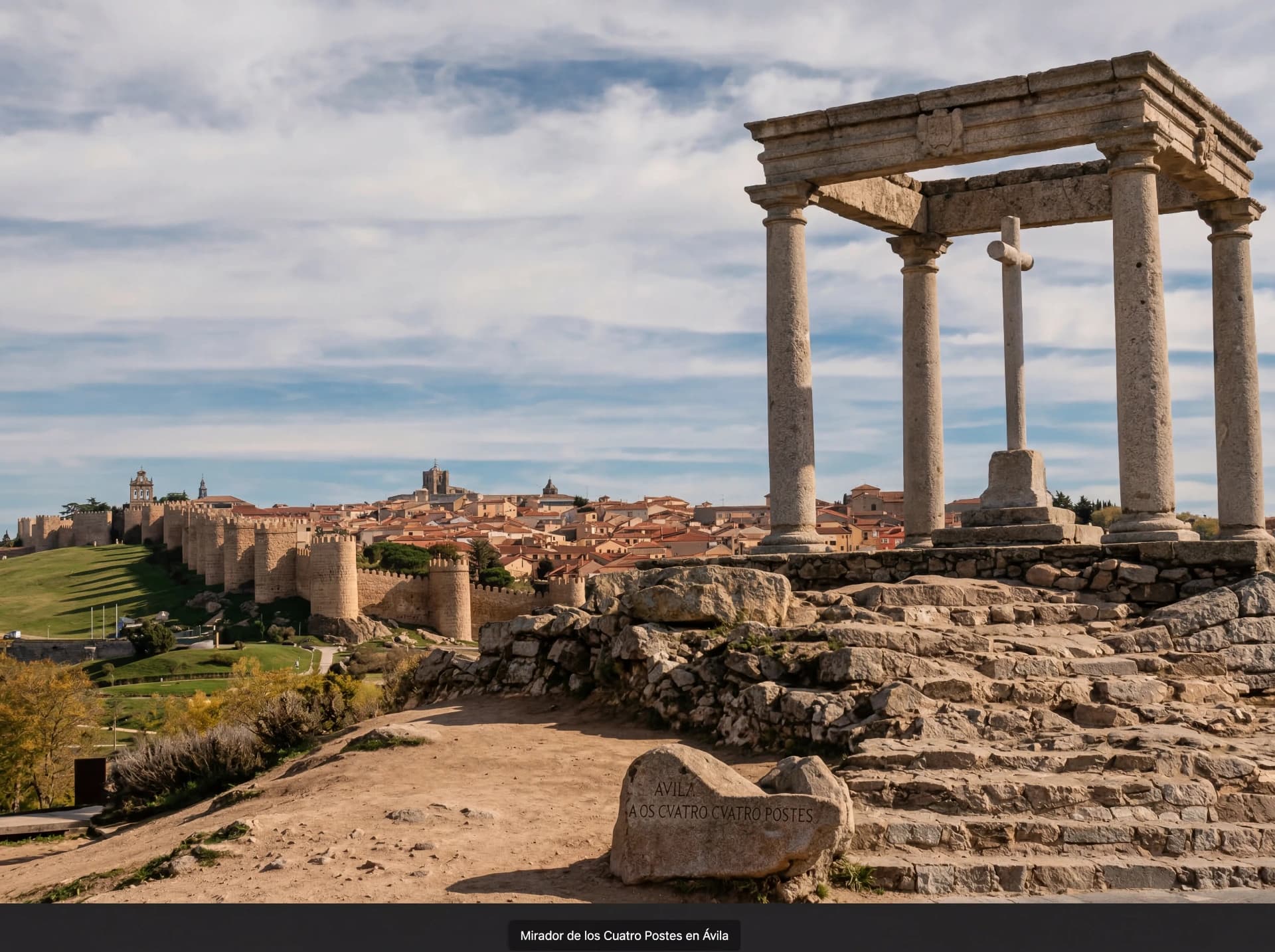 Murallas medievales de Ávila al atardecer, torre románica iluminada y grupo de turistas con guía de Trip Tours al pie de las almenas