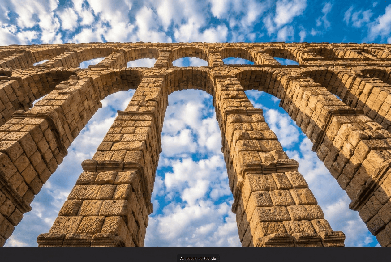 Segovia Aqueduct seen from below with blue sky