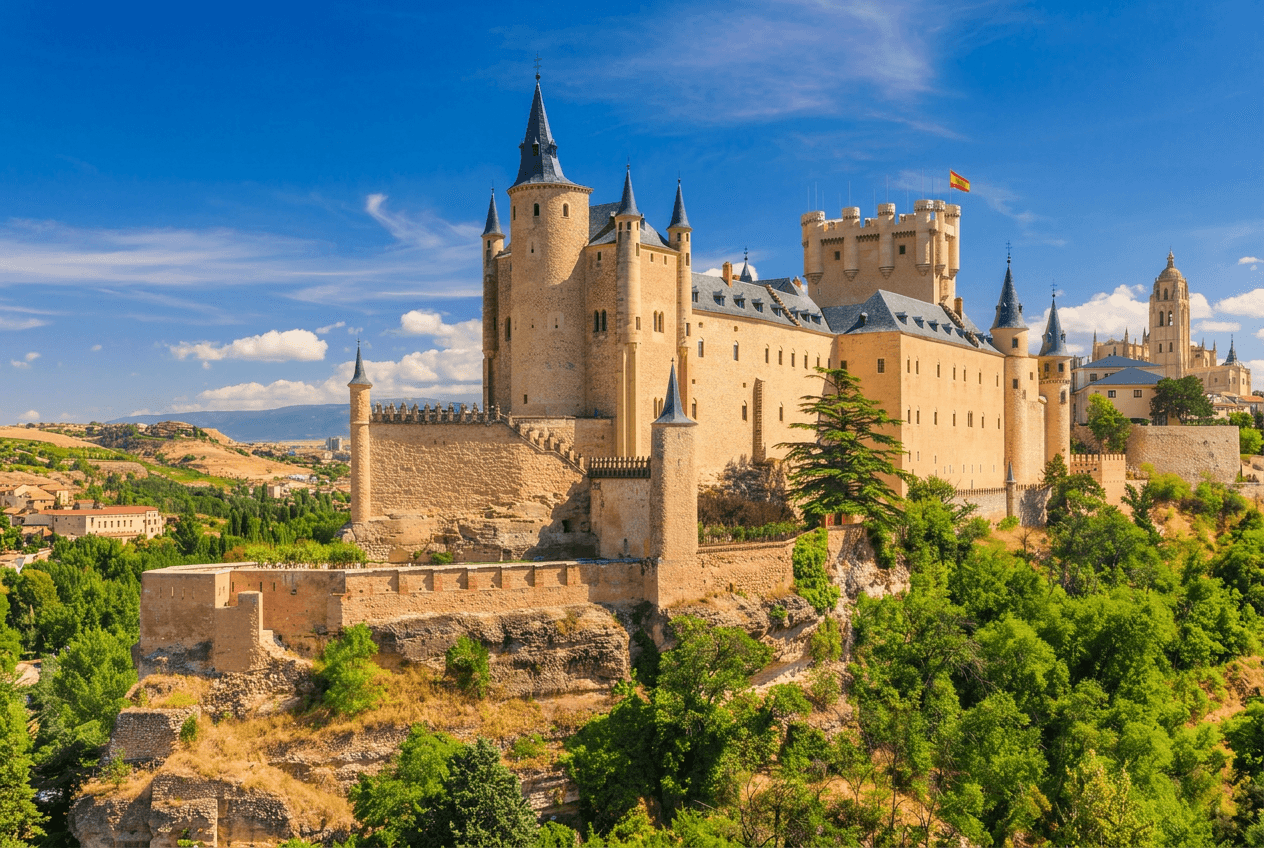 Exterior view of the Alcázar of Segovia with Spanish flag